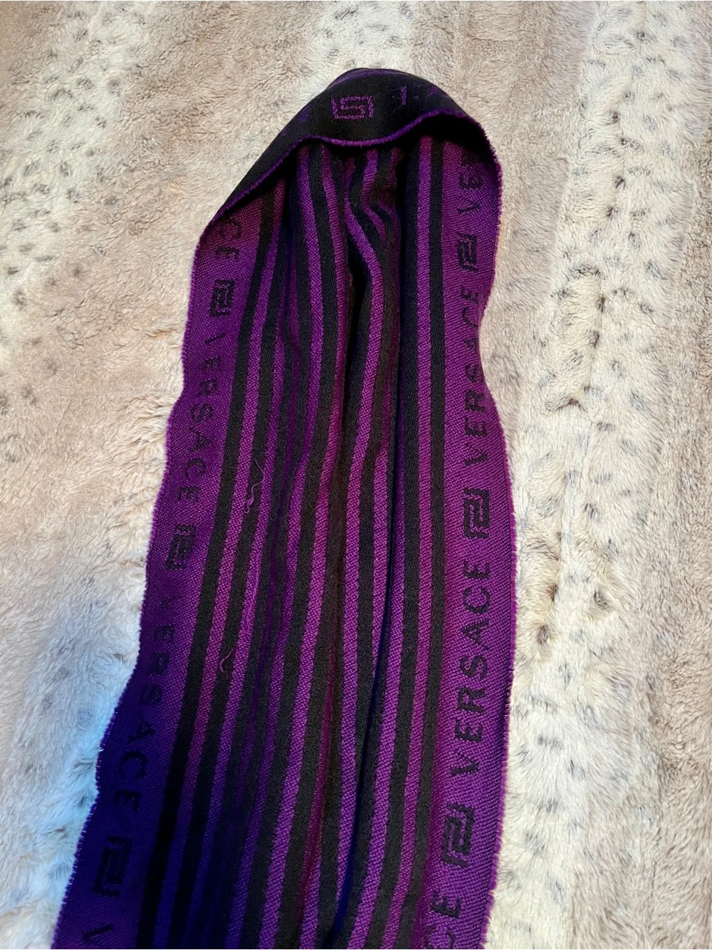 Vintage Versace Black and Purple Striped Fringe Scarf